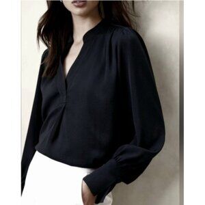 Banana Republic Silk Blouse Women Size S Black Long Sleeve Split Neck Top Classi